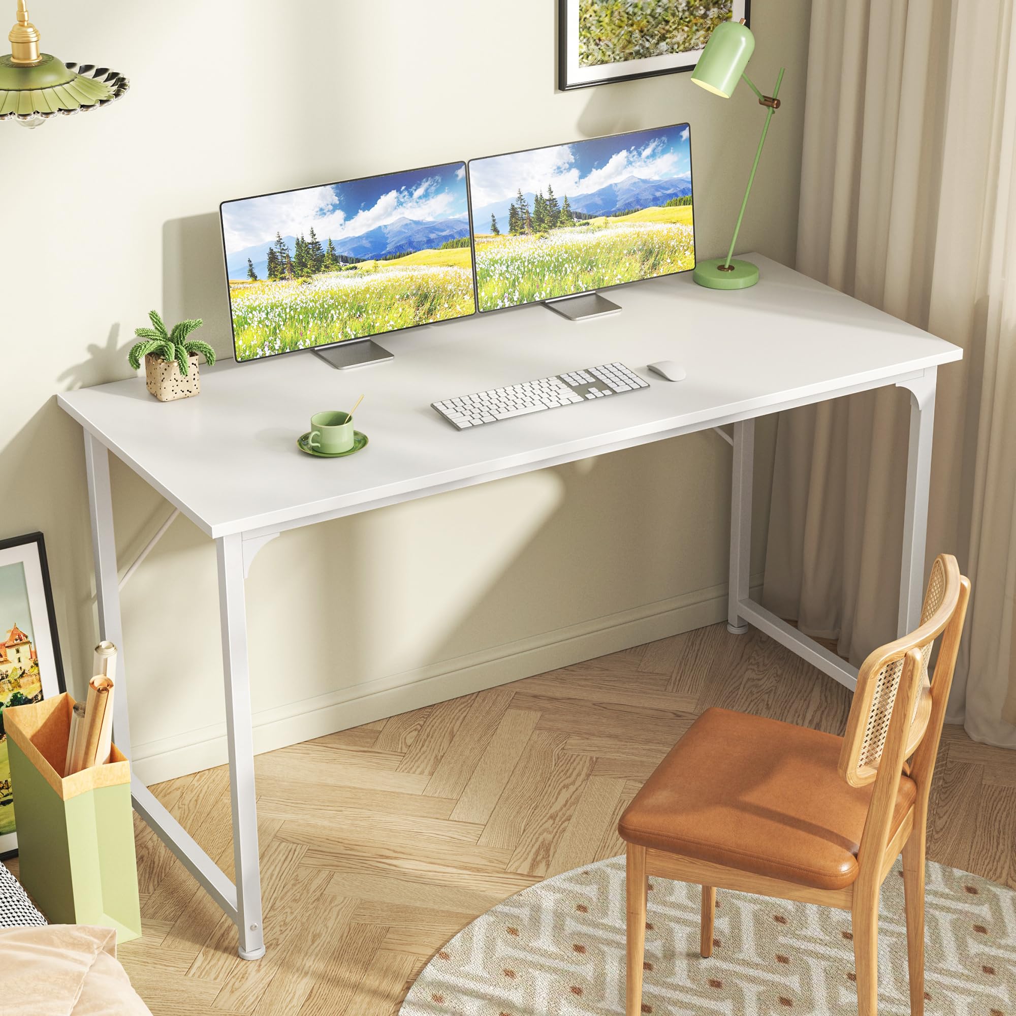 Computer Desk, 48 Inch Office Desk, Gaming Desk with Storage, Writing Desk Work Desk for Home Office, Study, Modern Simple Desk, Large Legroom, Metal Frame, White