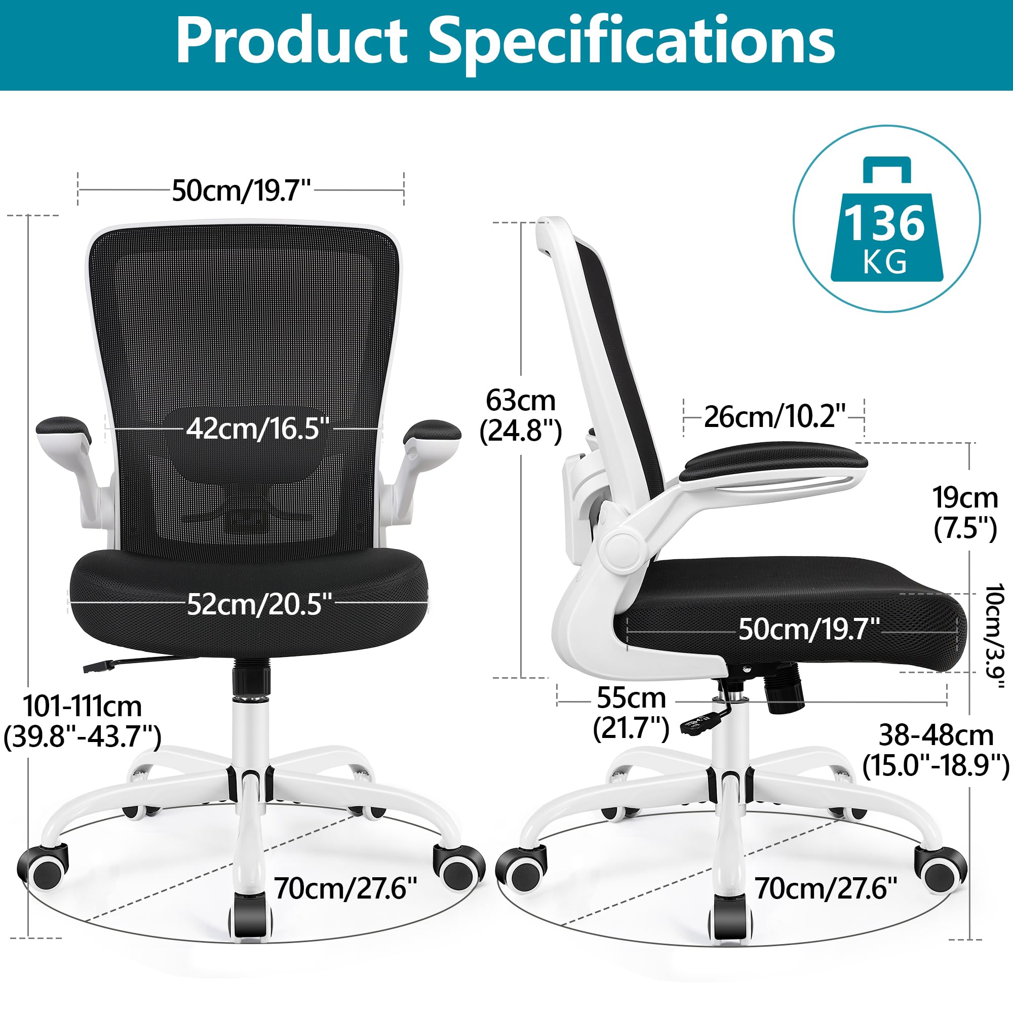 Office Chair, Ergonomic Desk Chair Breathable Mesh Chairs Adjustable High Back Lumbar Support Flip-up Armrests, Executive Rolling Swivel Comfy Computer Chairs Home Office White