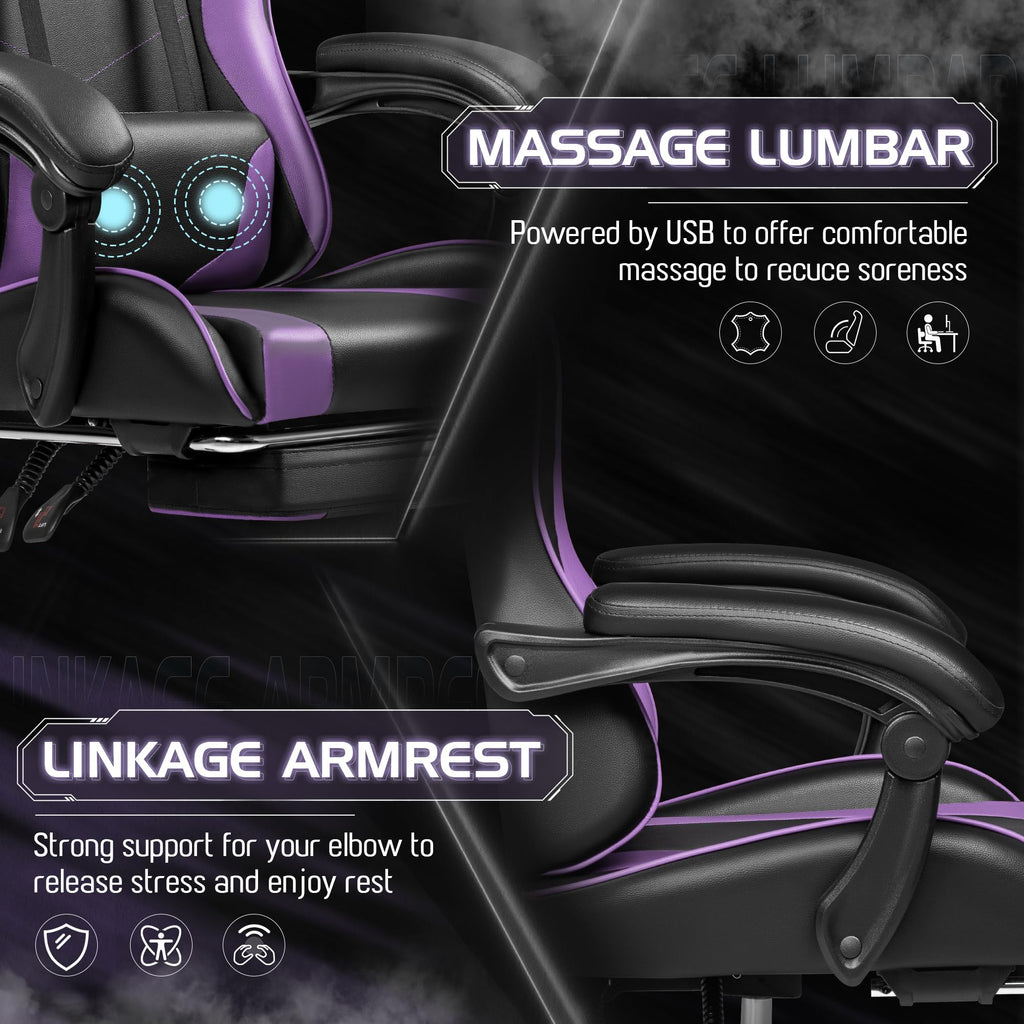 Gaming Chair, Video Game Chair with Footrest and Massage Lumbar Support, Ergonomic Computer Chair Height Adjustable with Swivel Seat and Headrest (Purple)