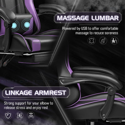 Gaming Chair, Video Game Chair with Footrest and Massage Lumbar Support, Ergonomic Computer Chair Height Adjustable with Swivel Seat and Headrest (Purple)