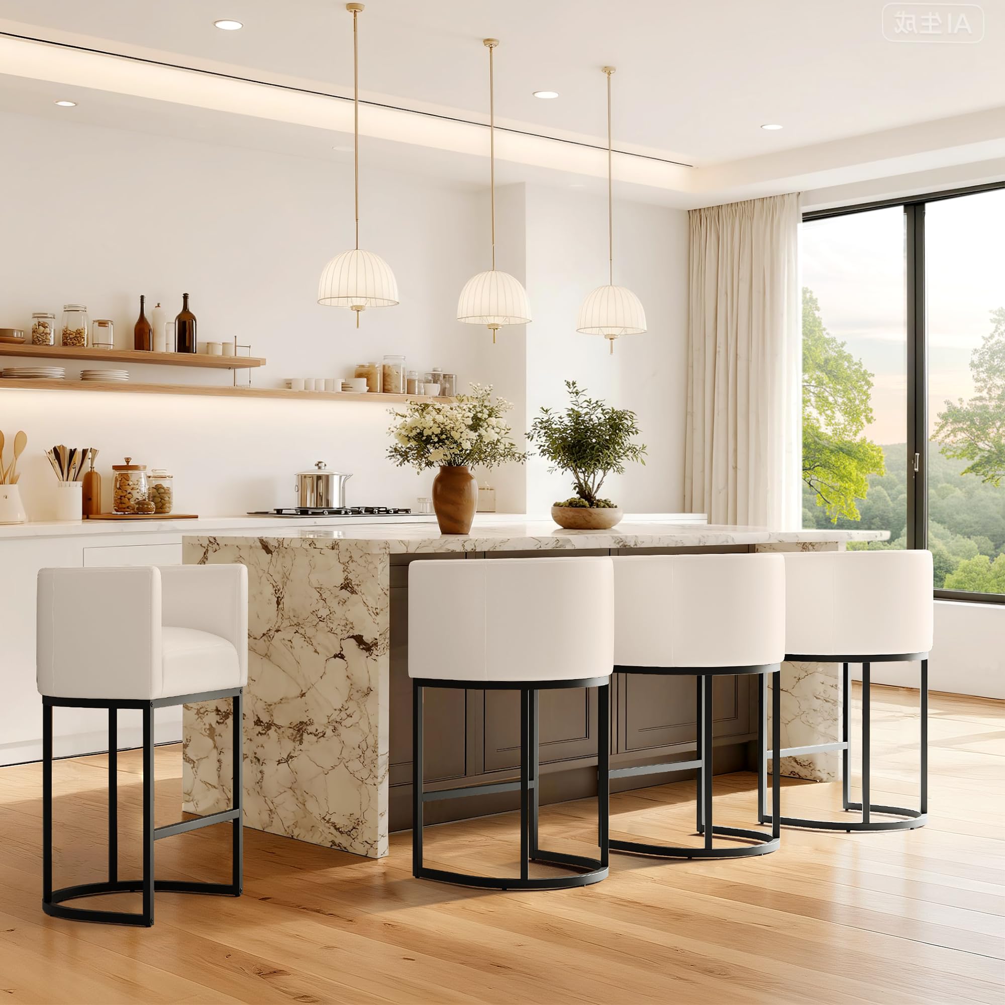 Modern Counter Height Bar Stools,Bar Stools Set of 4,PU Leather Upholstered Barrel Barstools with Backs,26'' Kitchen Island Chairs,Metal Black Frames,Beige White Leather