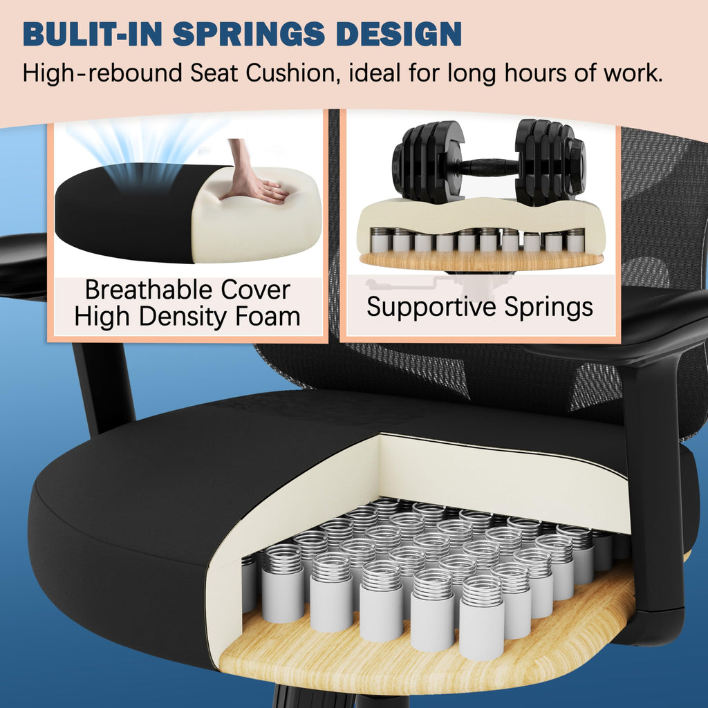 Ergonomic Office Chair,Home Desk Chair with Mesh Back,Adjustable Lumbar Support,Built-in Springs Wide Seat,Executive Task Chair with 3-D Big Armrests,Tilt Function,Computer Desk Chair