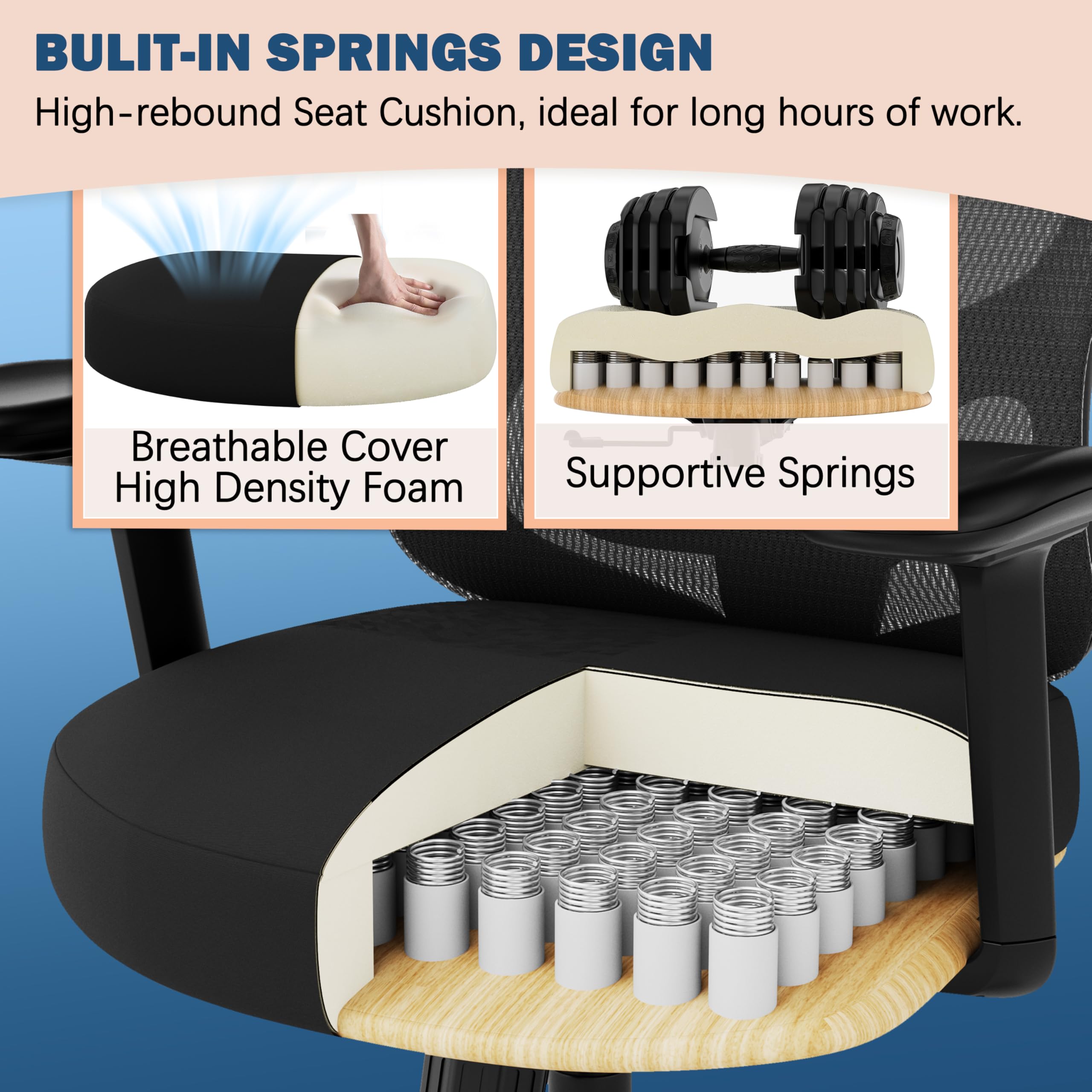 Ergonomic Office Chair,Home Desk Chair with Mesh Back,Adjustable Lumbar Support,Built-in Springs Wide Seat,Executive Task Chair with 3-D Big Armrests,Tilt Function,Computer Desk Chair