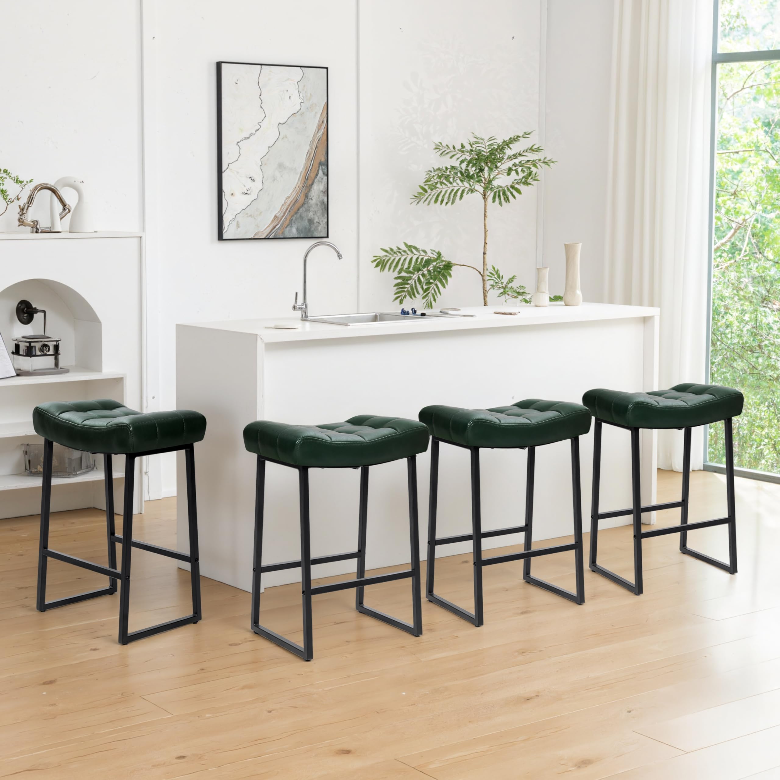 Modern Bar Stools Set of 6 for Kitchen Counter 24 inch Counter Height Backless Barstools with Upholstered Faux Leather Saddle Seat and Metal Frame Industrial Bar Chairs, Dark Green
