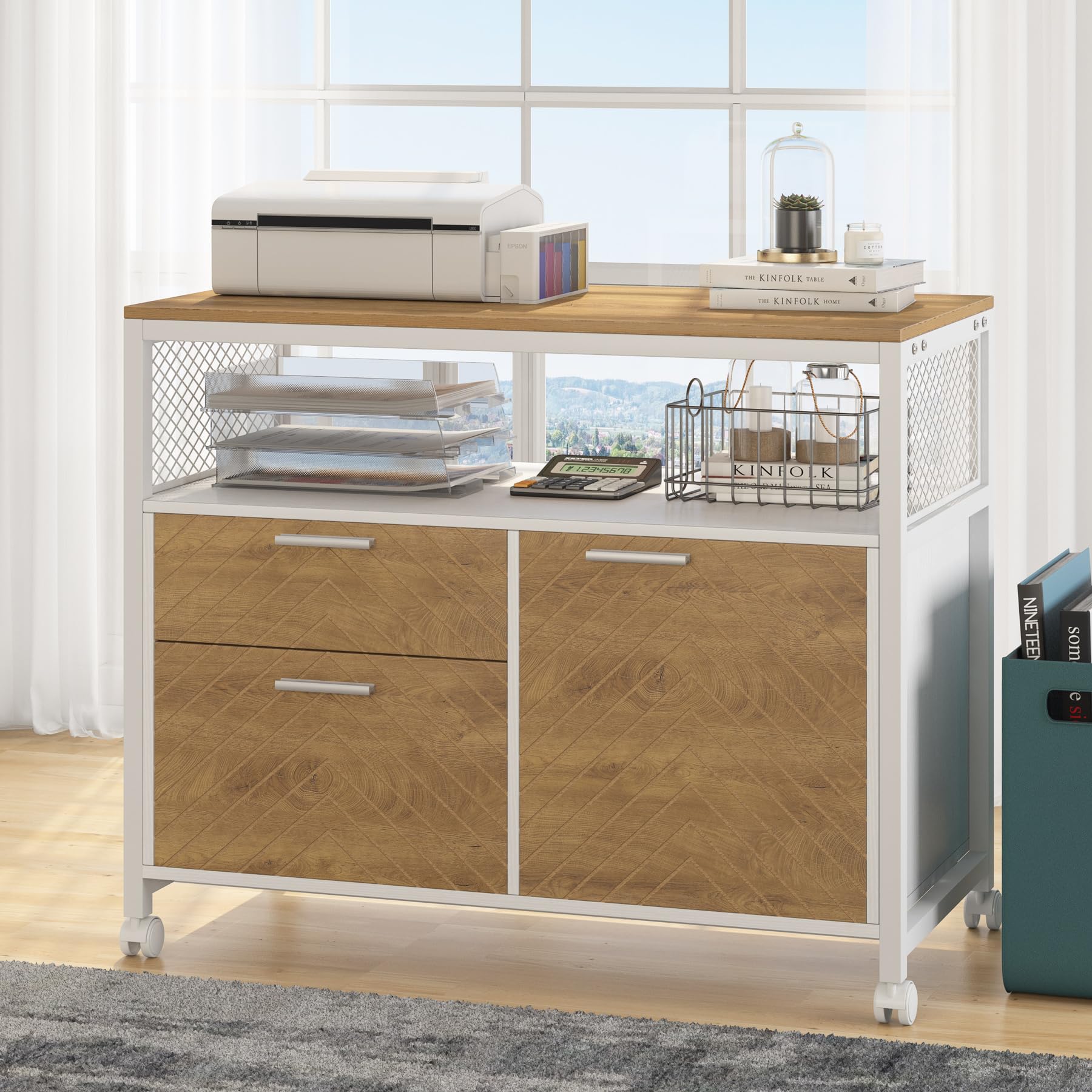 L Shaped Desk with Drawer Cabinet, 63" Executive Computer Desk and lateral File Cabinet, 2 Piece Home Office Furniture with Drawers for Hanging, Doors with Locks (Light Walnut, 63 inches)