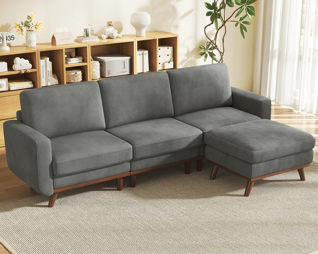 97" Modular Sectional Sofa Dark Gray, L-Shaped Couch with Movable Ottoman, Comfy Corduroy Couch with Spring Cushion, Modular Sofa with Deep Seat for Living Room, Bedroom and Apartment
