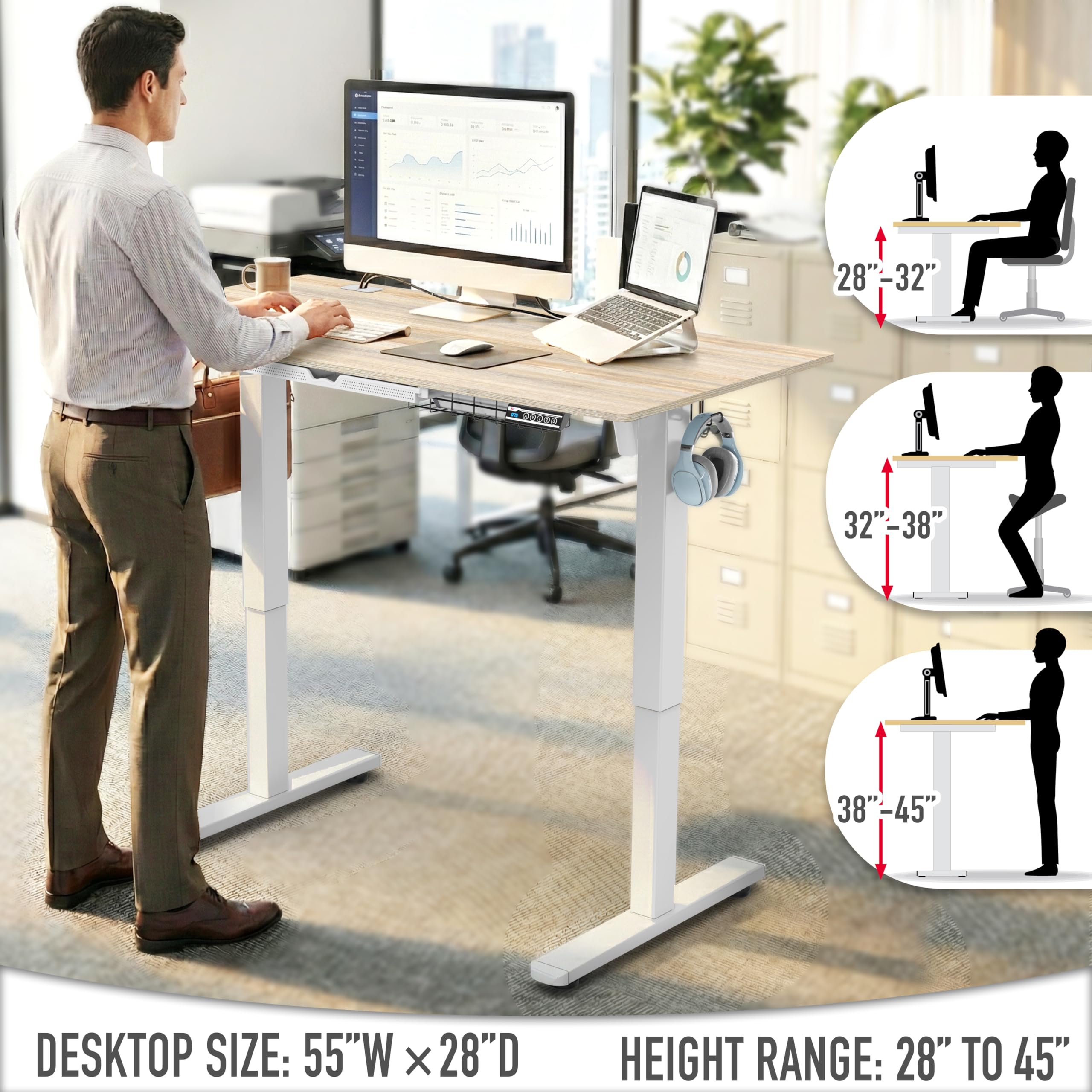 55 x 28 Inches Electric Height Adjustable Standing Desk with Drawer and Memory Preset, Maple