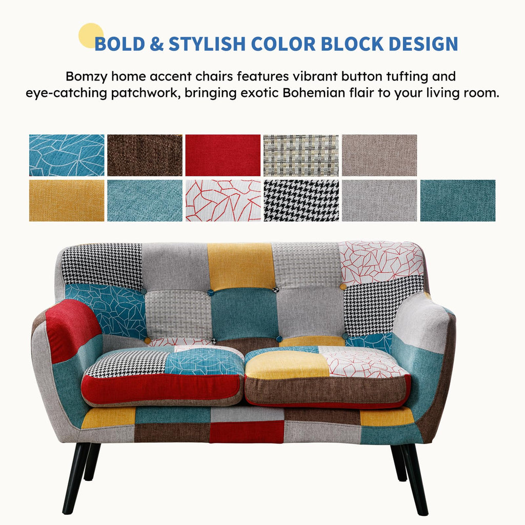 Modern Boho Loveseat Couch Sofa Chair for Living Room Bedroom, Upholstered Colorful Plaid Fabric 2-Seat Love Seat Sofa with Wood Leg for Small Space, One Loveseat