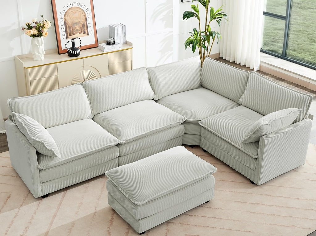 113'' Sectional Cloud Couch, 5 Seater Modular Corner L Shape Sofa Big Comfy Corduroy Oversized Couch with 2 Pillows Movable Ottoman, Deep Seat Sectional Couches for Living Room Office Light Grey