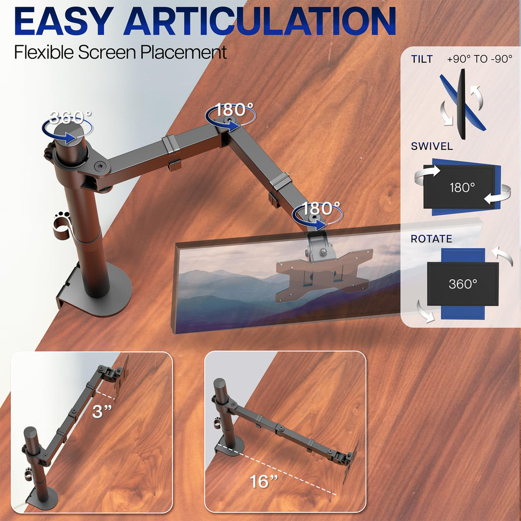 Single 13 to 38 inch Ultrawide Monitor Arm Desk Mount, Regular Screens up to 32 inches, 22 lbs capacity, Fully Adjustable Stand with C-Clamp and Grommet Base, Black, STAND-V001