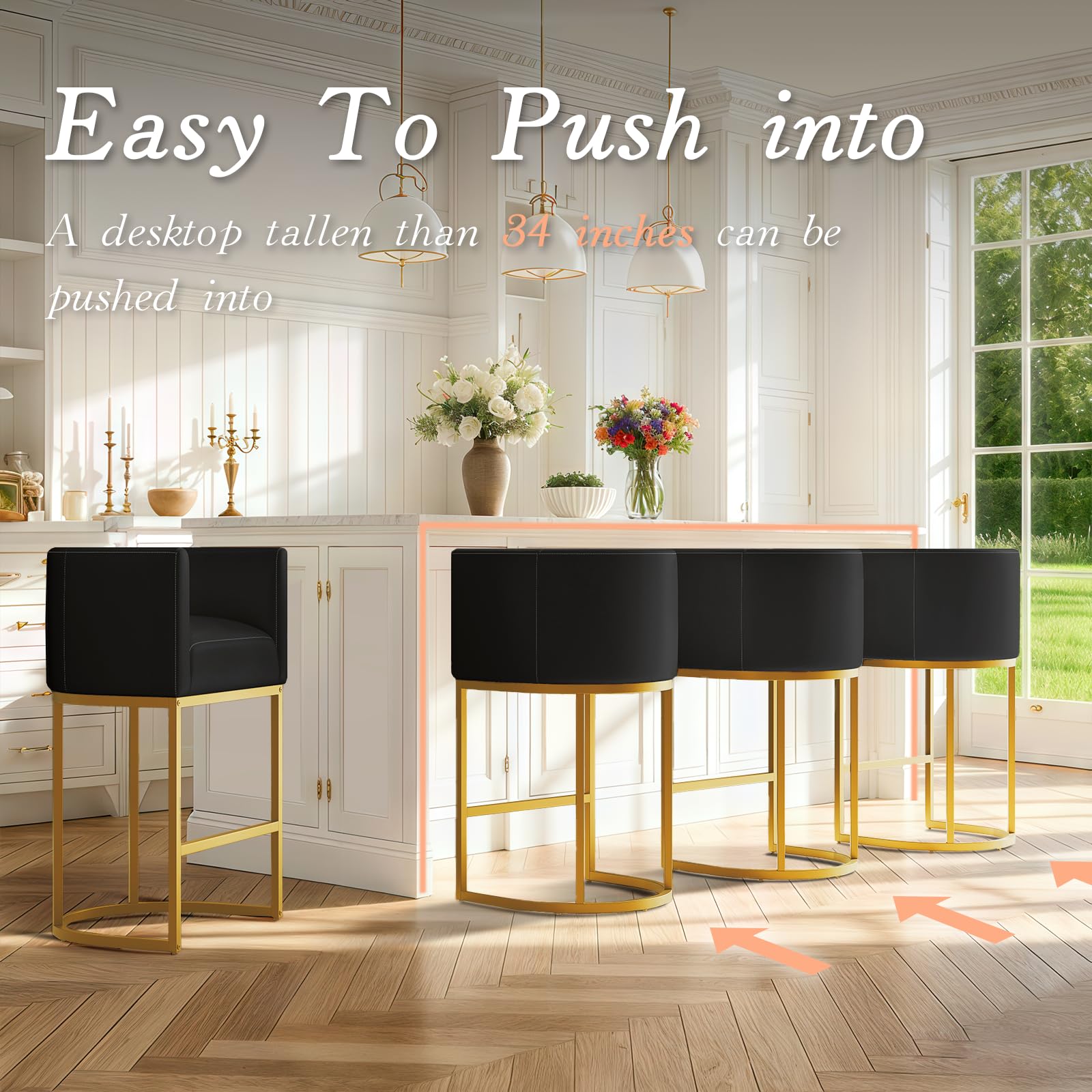 Modern Counter Height Bar Stools,Bar Stools Set of 2,PU Leather Upholstered Barrel Barstools with Backs,24'' Kitchen Island Chairs,Metal Gold Frames,Ink Black Leather