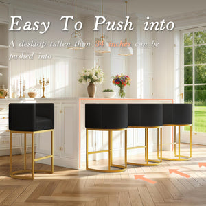 Modern Counter Height Bar Stools,Bar Stools Set of 3,PU Leather Upholstered Barrel Barstools with Backs,24'' Kitchen Island Chairs,Metal Gold Frames,Ink Black Leather