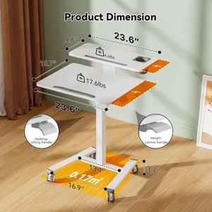 24Inch Rolling Standing Desk On Wheels， Mobile Laptop Stand with Tiltable Desktop， Smaller Computer Workstation Adjustable Height， 2-Tier Portable Study Table with Storage Shelves， White