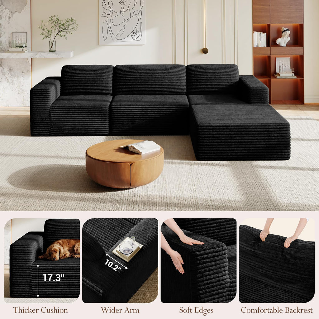 119" L-Shaped Modular Sectional Sofa, Corduroy Cloud Couch with Deep Seating & Spring Support, Flexible Layout Sofa with Ottoman, Boneless Style, No Assembly Required, Black