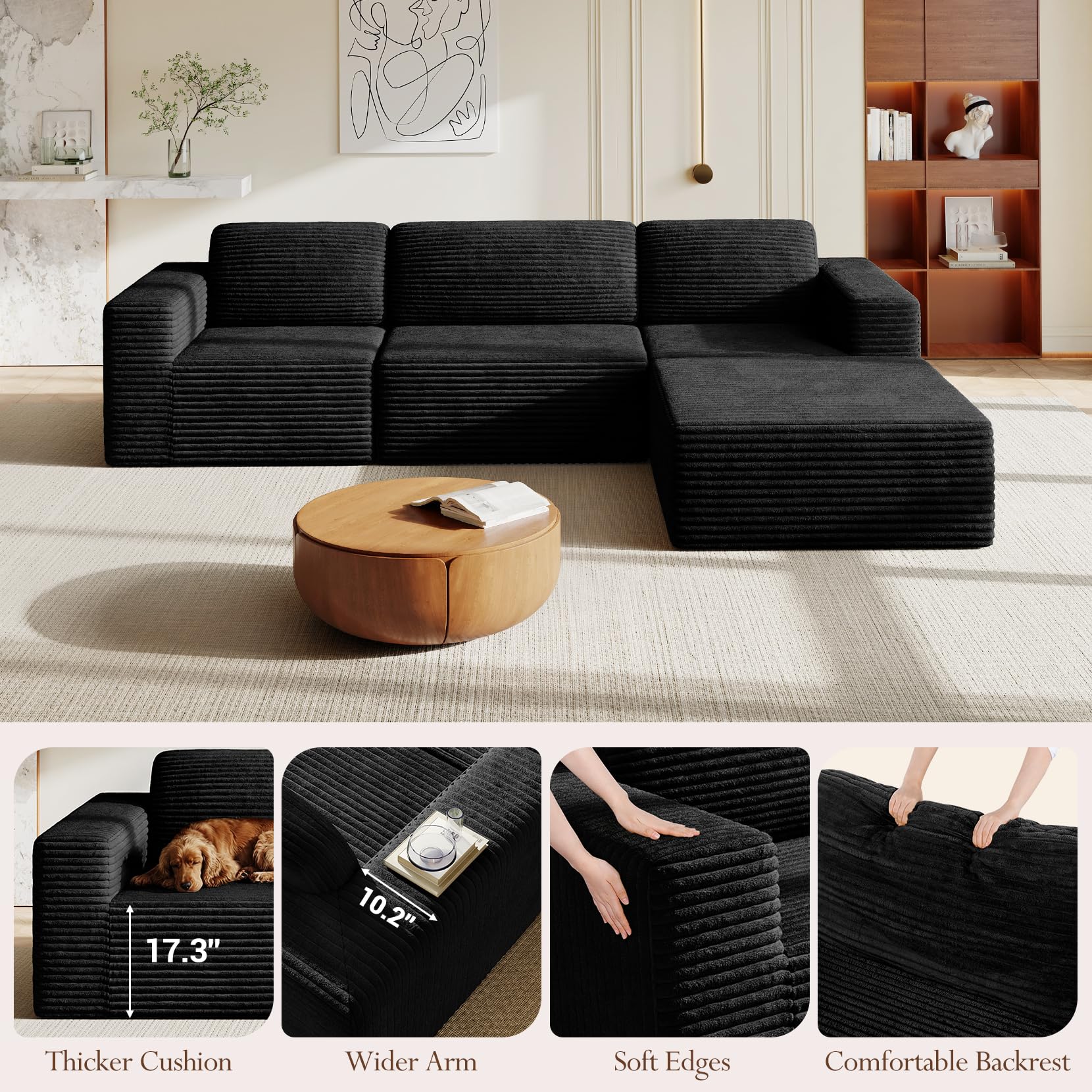 119" L-Shaped Modular Sectional Sofa, Corduroy Cloud Couch with Deep Seating & Spring Support, Flexible Layout Sofa with Ottoman, Boneless Style, No Assembly Required, Black