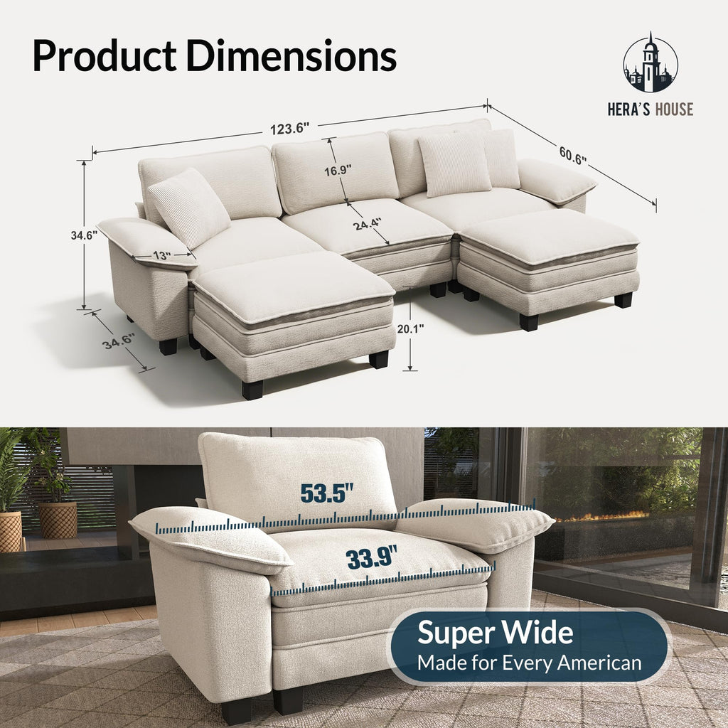 124" Modular Sectional Sofa, Oversized U Shaped Couches for Living Room, Comfy Cloud Couch with Ottoman, 5-Seater Deep Seat Sofa with Throw Pillow, Chenille Beige