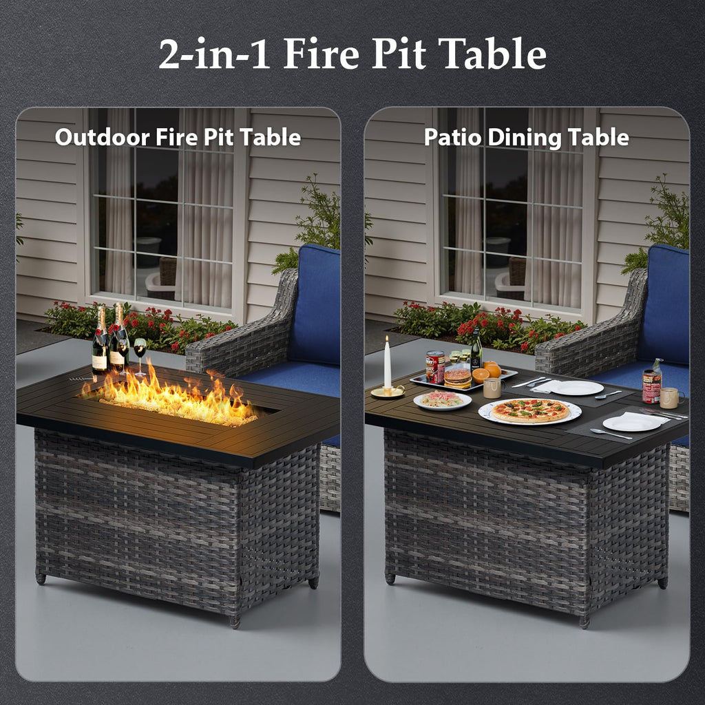 Patio Furniture Set with 42.5" Fire Pit Table-6 Pieces All Weather Wicker Outdoor Furniture with High Back Swivel Patio Chairs Set of 2 Outdoor Couch for Deck Balcony Backyard Blue/Gray