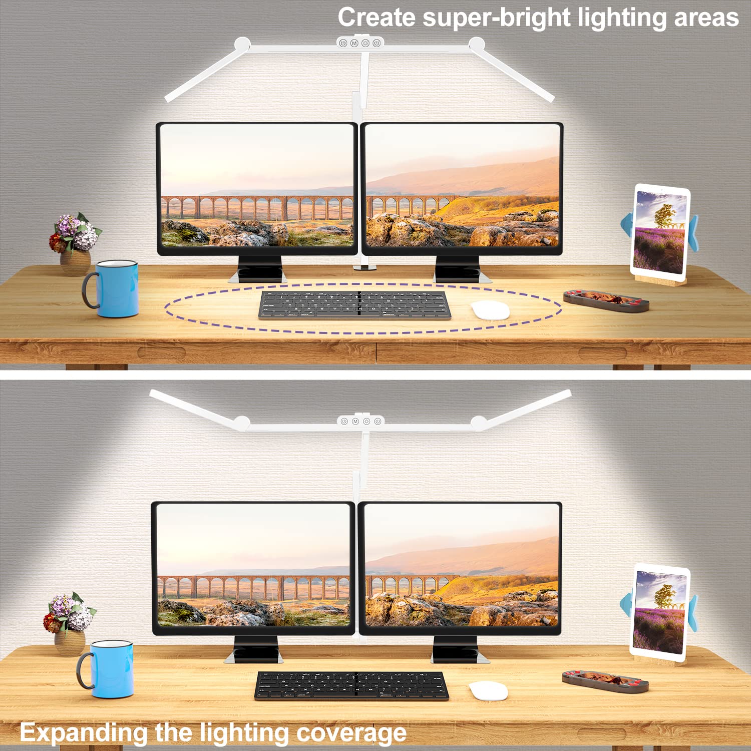 Led Desk Lamp for Home Office, White Architect Desk Lamp with Clamp for Crafting, 24W Bright Rotatable Led Table Light Stepless Dimming Tempering Wide Computer Light with Atmosphere Lighting
