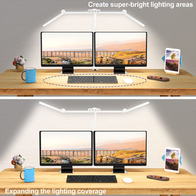 Led Desk Lamp for Home Office, White Architect Desk Lamp with Clamp for Crafting, 24W Bright Rotatable Led Table Light Stepless Dimming Tempering Wide Computer Light with Atmosphere Lighting