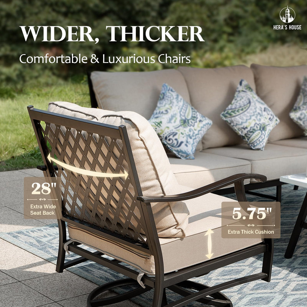5 Piece Patio Furniture Set, 2 x Swivel Chair, 2 x Ottoman, 1 x 3-Seat Sofa, All Cushioned 7 Seats Outdoor Conversation Set for Lawn Garden Backyard
