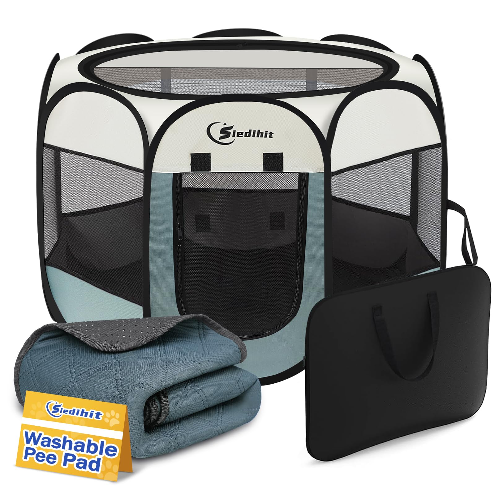 Medium Dog Cat Playpen, Puppy Pet Playpen Indoor for Small Dog Crate Tent Cage Outdoor, Portable Pop Up Dogs Enclosure Kennel with Carrying Case for Dogs/Cats/Rabbits (Grey with Pad, Medium)