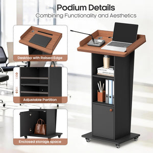 15° Tilted Podium Stand with Storage & Lockable Wheels, Wooden Lectern with Adjustable Shelf, Mobile Portable Pulpit for Classroom, Church, Office (Black Brown)