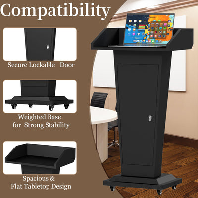 Heavy-Duty Black Metal Podium Stand with Lockable Wheels | Mobile Lectern with Storage Cabinet & Standard 50.4