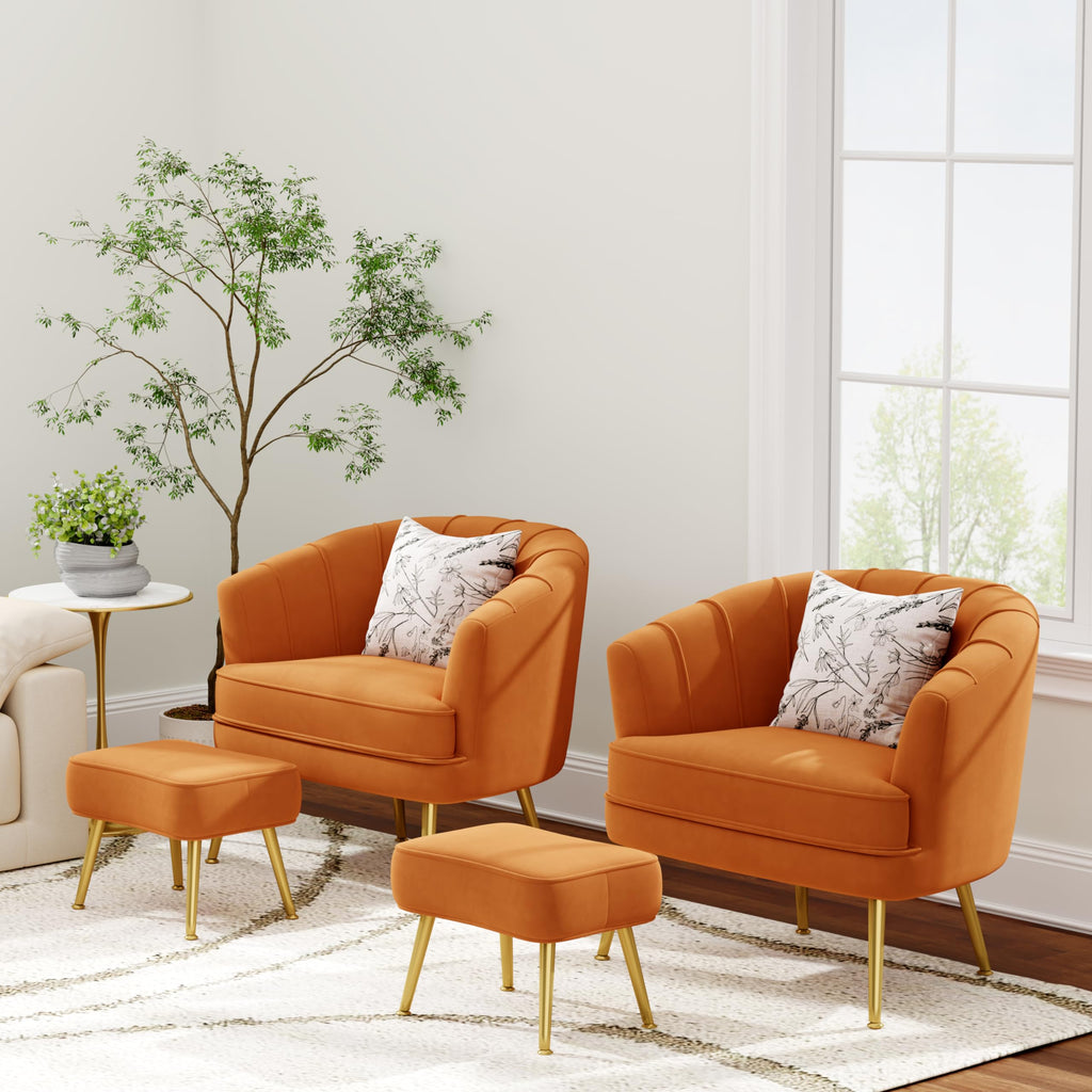 Velvet Accent Chair with Ottoman,Upholstered Modern Single Sofa Side Chair,Comfy Barrel Club Living Room Armchair with Golden Metal Legs for Bedroom Living Reading Room Office,Caramel Orange