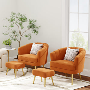 Velvet Accent Chair with Ottoman,Upholstered Modern Single Sofa Side Chair,Comfy Barrel Club Living Room Armchair with Golden Metal Legs for Bedroom Living Reading Room Office,Caramel Orange