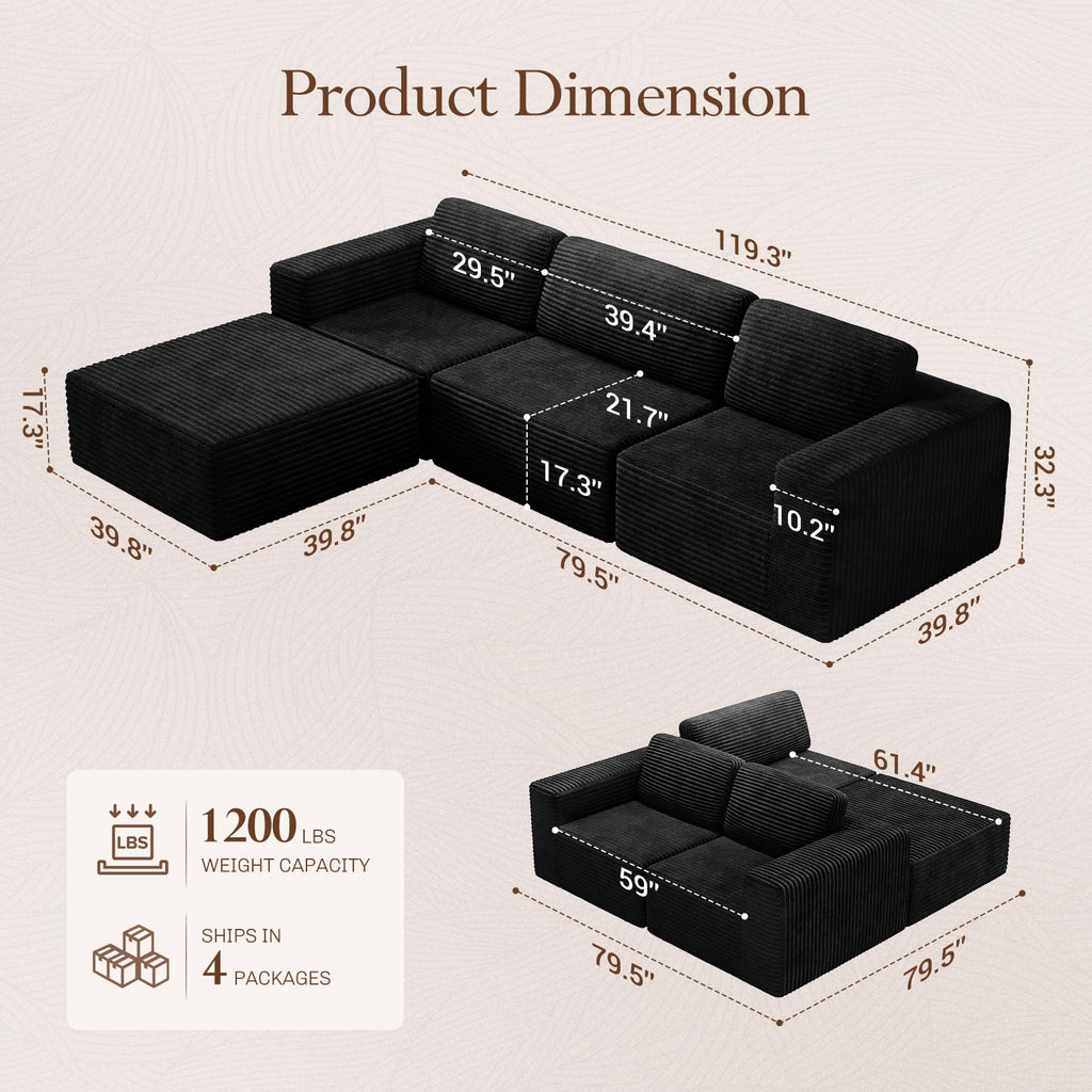 119" L-Shaped Modular Sectional Sofa, Corduroy Cloud Couch with Deep Seating & Spring Support, Flexible Layout Sofa with Ottoman, Boneless Style, No Assembly Required, Black