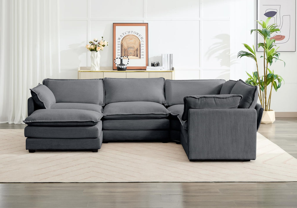 113'' Modular Sectional Cloud Corner Couch, 5 Seater L Shape Sofa Big Comfy Corduroy Oversized Couch with 2 Pillows Movable Ottoman, Deep Seat Sectional Couches for Living Room Office Dark Grey