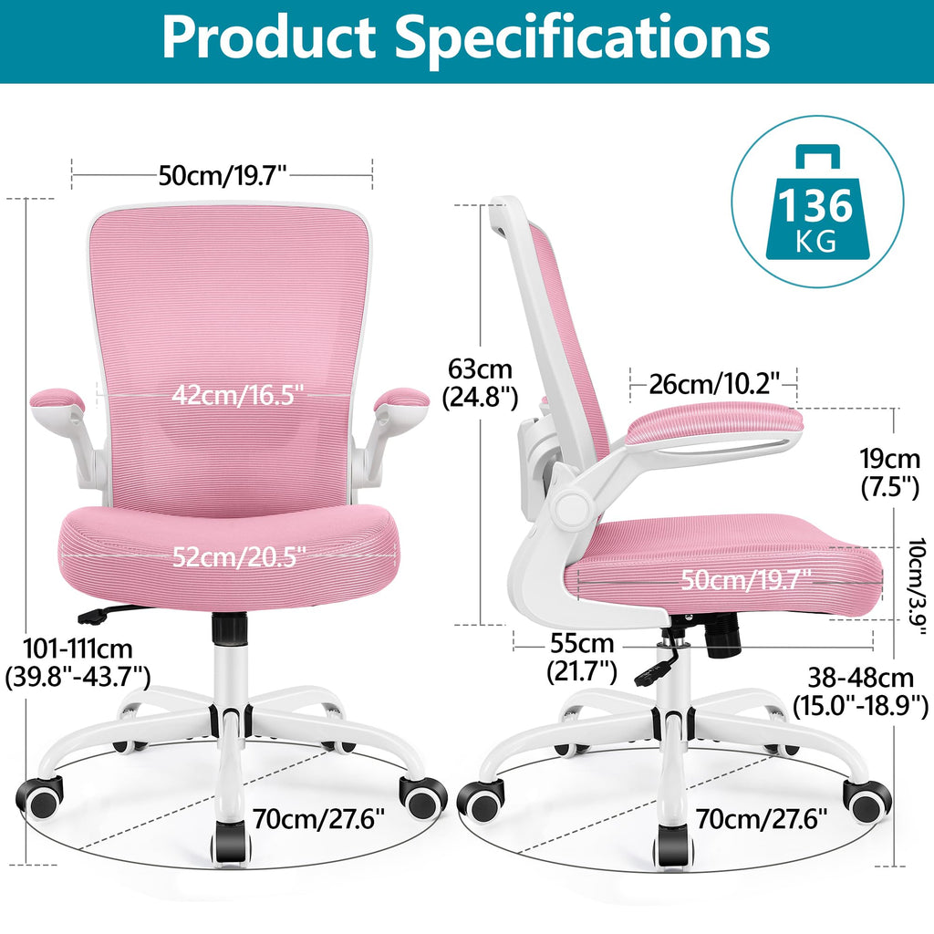 Office Chair, Ergonomic Desk Chair Breathable Mesh Chairs Adjustable High Back Lumbar Support Flip-up Armrests, Executive Rolling Swivel Comfy Computer Chairs Home Office Pink
