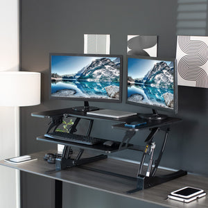 36 inch Height Adjustable Stand Up Desk Converter, V Series, Quick Sit to Stand Tabletop Dual Monitor Riser Workstation, Black, DESK-V000V