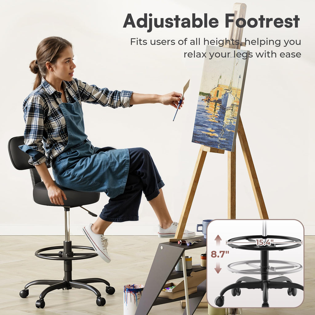 Drafting Chair with Back, Adjustable Foot Rest Rolling Stool, Multi-Purpose Office Desk Chair, Thick Seat Cushion for Home Bar Kitchen Shop - All Black
