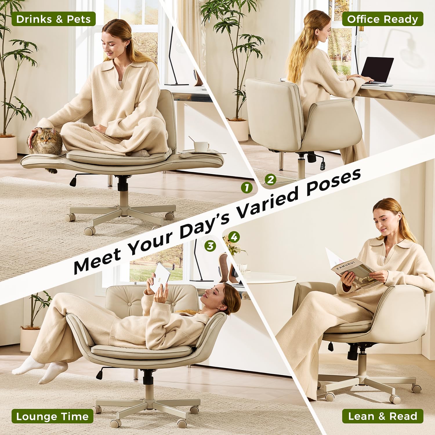 Criss Cross Chair with Armrests & Wheels, PU Leather Vanity Chair, Comfortable Adjustable Swivel Computer Office Desk Chairs for Home, Make Up, Bed Room (Cream White)