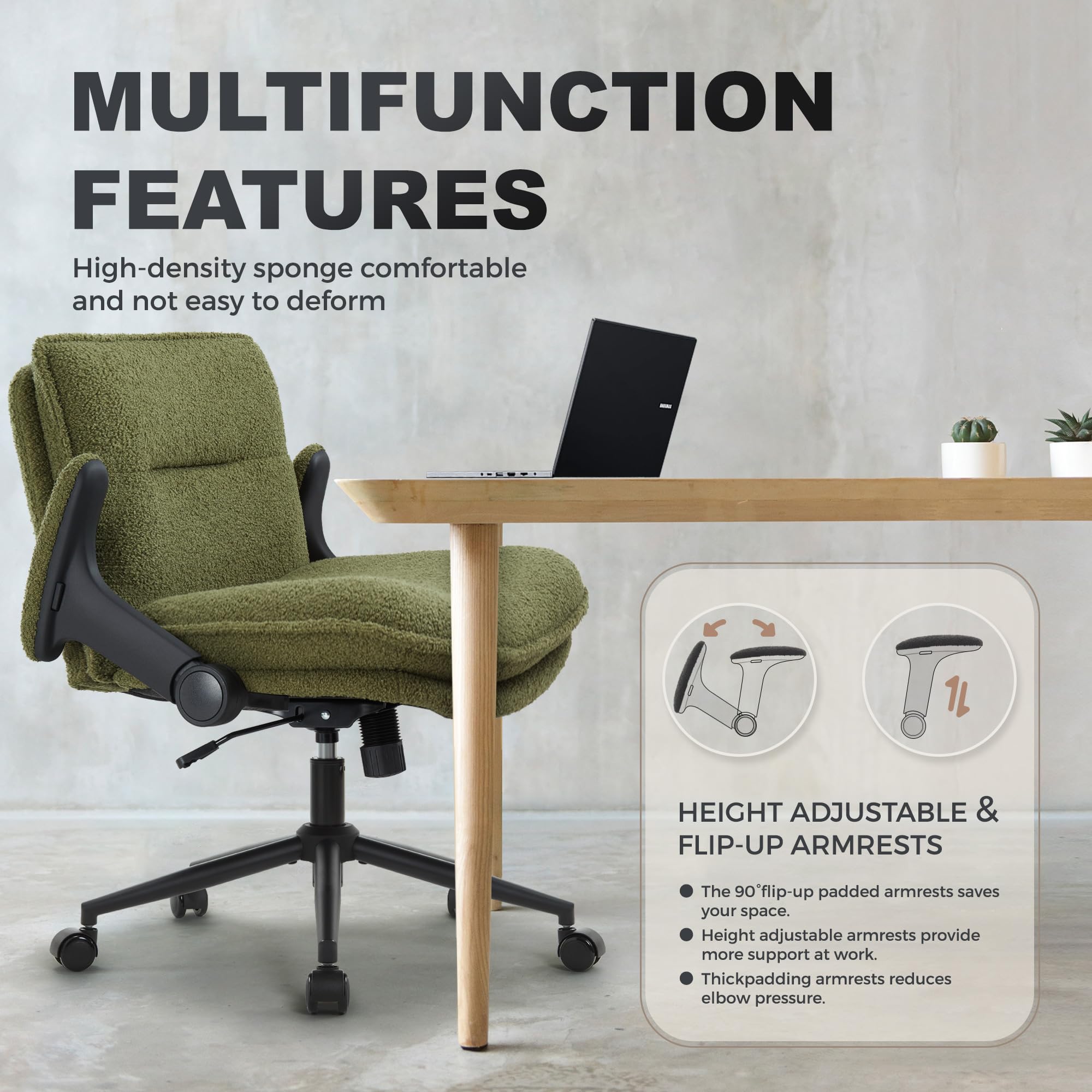 Criss Cross Legged Office Chair with Wheels and Flip-Up Arms, Ergonomic Wide Seat Desk Chair with Thick Padded, Height Adjustable Criss Cross Chairs for Home Office, Bedroom,Vanity,Green