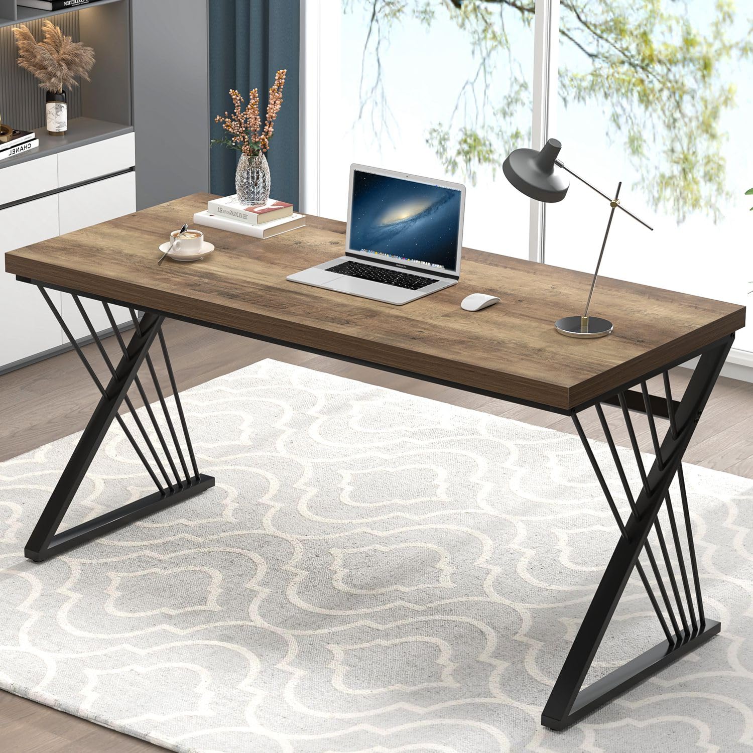 Modern Home Office Desk, Wood and Metal Computer Desk, Industrial Study Writing Work Table for Bedroom Living Room, Oak, 60 Inch