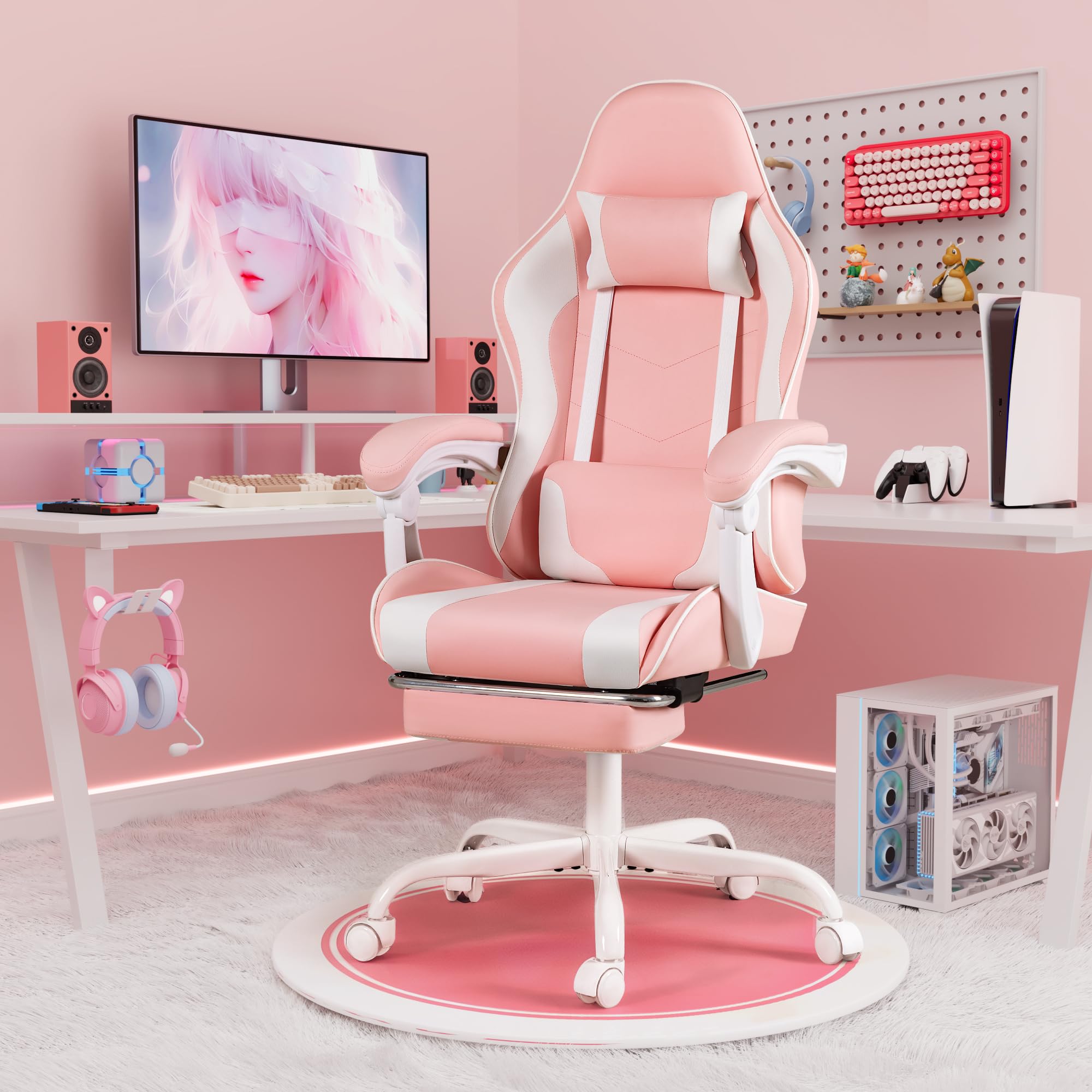 Gaming Chair, Video Game Chair with Footrest and Massage Lumbar Support, Ergonomic Computer Chair Height Adjustable with Swivel Seat and Headrest (Pink)