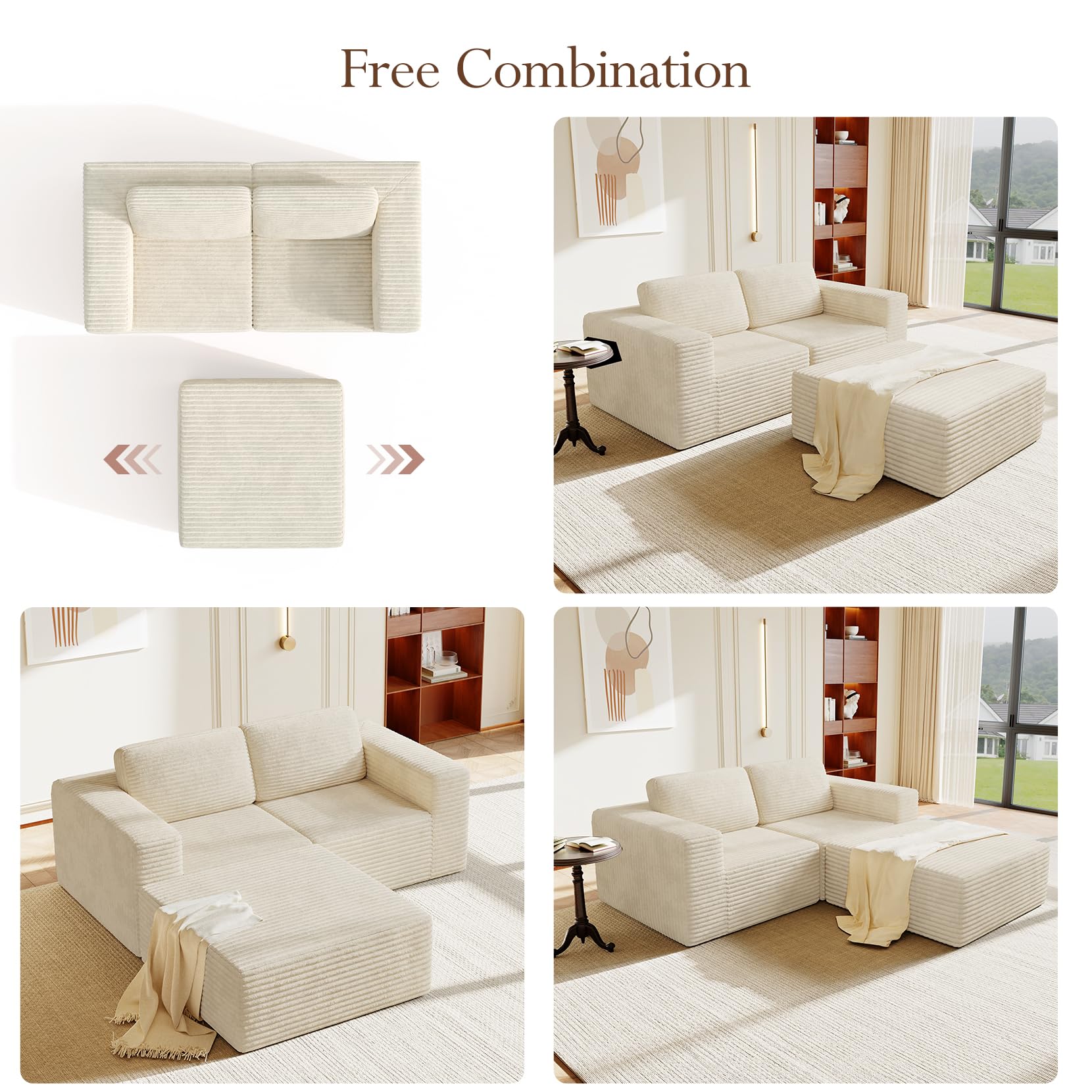 80" Modular Sectional Sofa, Corduroy Cloud Couch with Deep Seats & Spring Support, Compact 2 Seater Boneless Couch, L-Shaped Modular Sofa for Small Spaces, Apartments, No Assembly, Beige