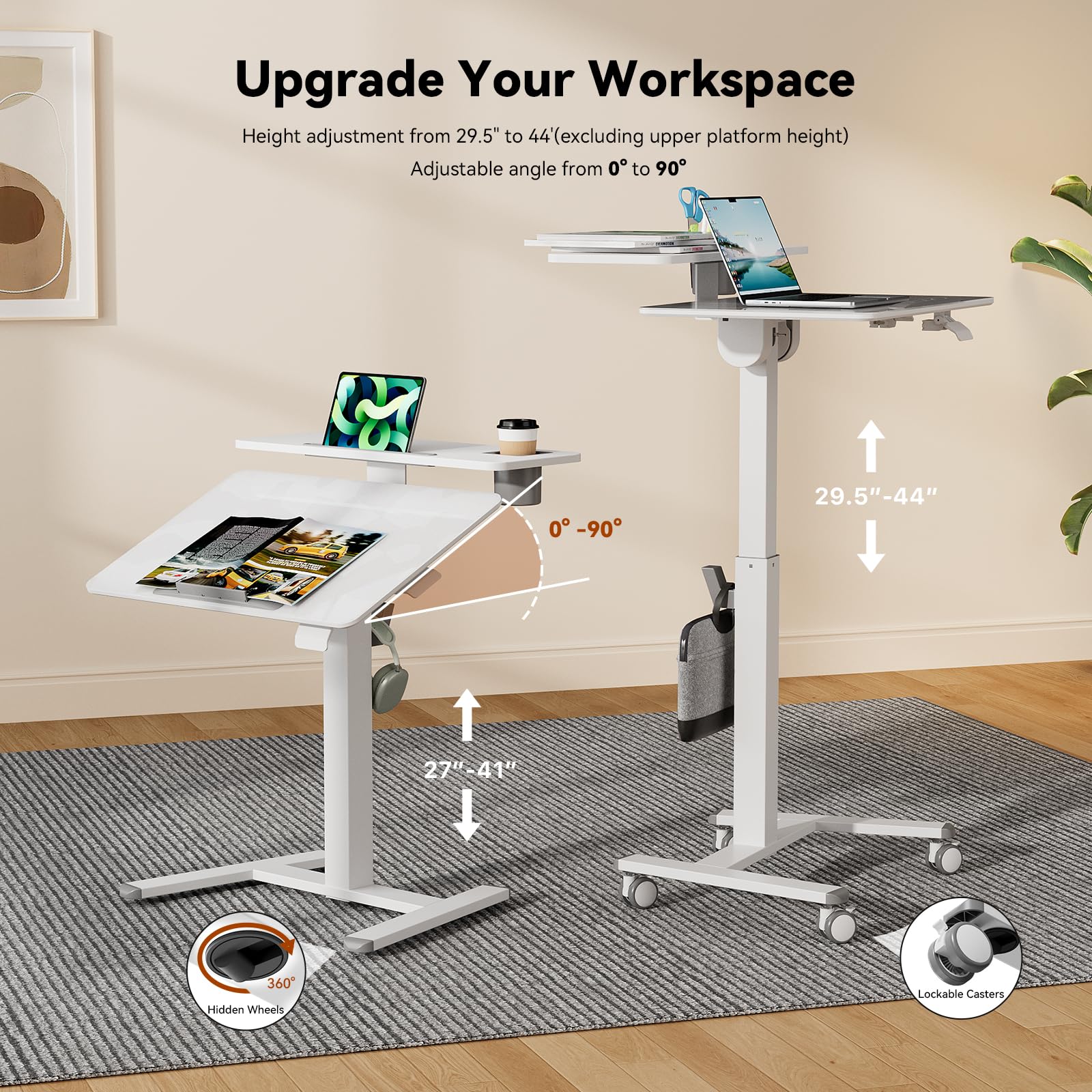 28Inch Glass Mobile Standing Desk On Wheels， Rolling Laptop Stand with Tiltable Desktop， Small Computer Workstation Adjustable Height， 2-Tier Portable Study Table with Storage Shelf， White