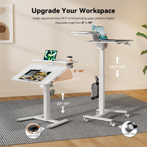 28Inch Glass Mobile Standing Desk On Wheels， Rolling Laptop Stand with Tiltable Desktop， Small Computer Workstation Adjustable Height， 2-Tier Portable Study Table with Storage Shelf， White