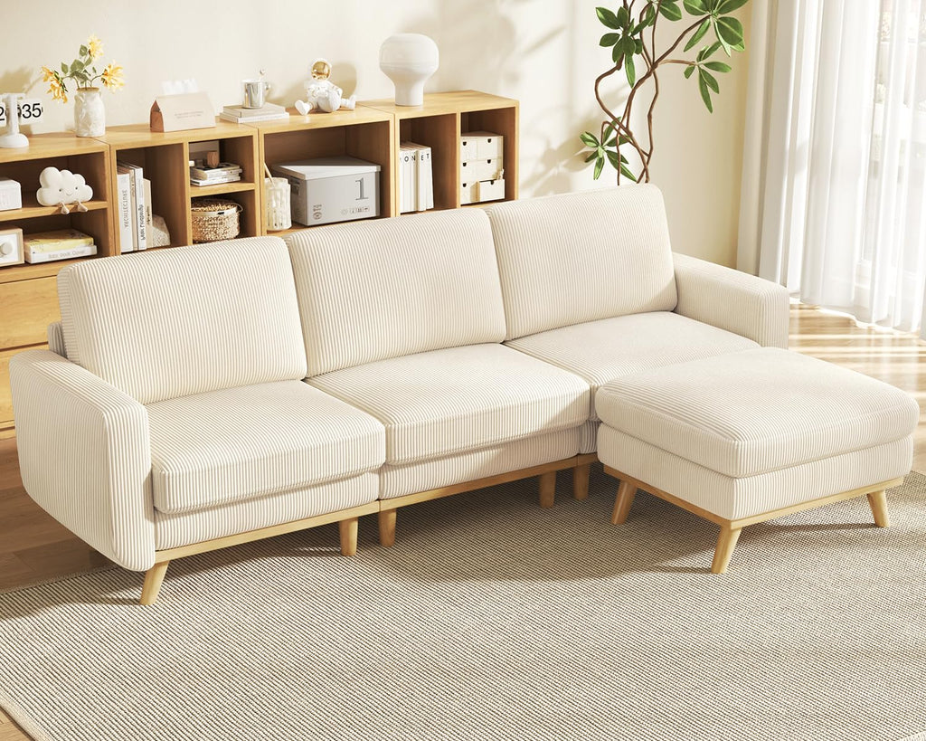 97" Modular Sectional Sofa Beige, L-Shaped Couch with Movable Ottoman, Comfy Corduroy Couch with Spring Cushion, Modular Sofa with Deep Seat for Living Room, Bedroom and Apartment