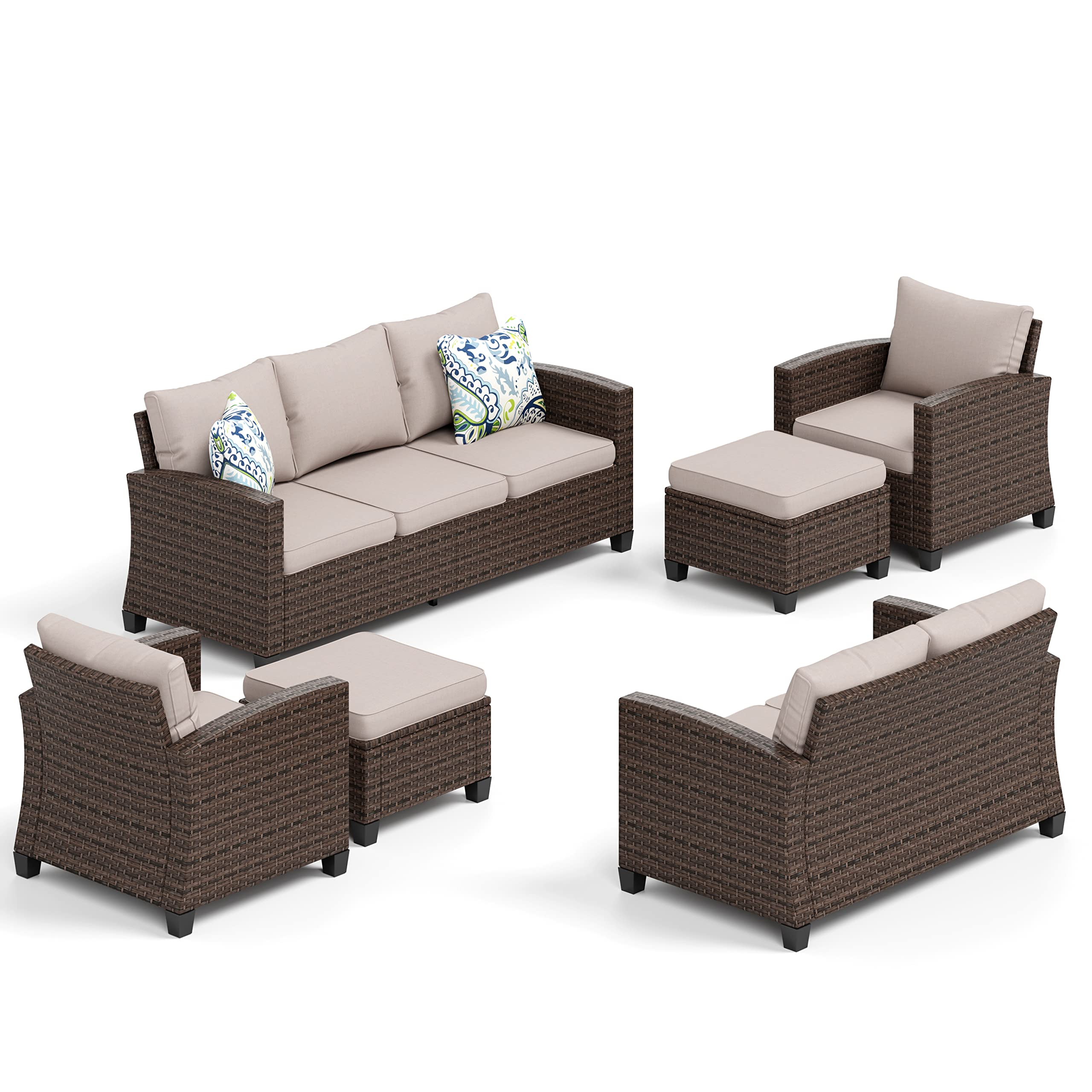 Wicker Patio Furniture Set, Outdoor Sectional Conversation Sets, 6 Pieces 9 Seats Outside Sofa Set for Lawn Backyard