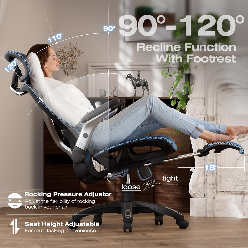Ergonomic Office Chair with Footrest, Big and Tall Home Desk Chair with 5D Flip-Up Arms, Adjustable 3D Lumbar Support,High Back Rolling Computer Chair, Swivel Mesh Chairs (Oaxaca Blue)