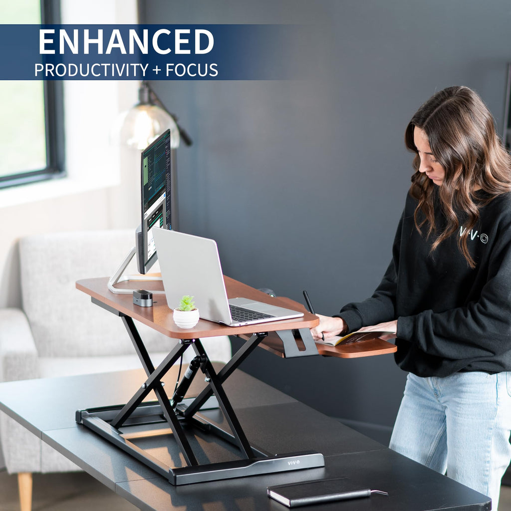 32 inch Desk Converter, K Series, Height Adjustable Sit to Stand Riser, Dual Monitor and Laptop Workstation with Wide Keyboard Tray, Dark Walnut Top, Black Frame, DESK-V000KA