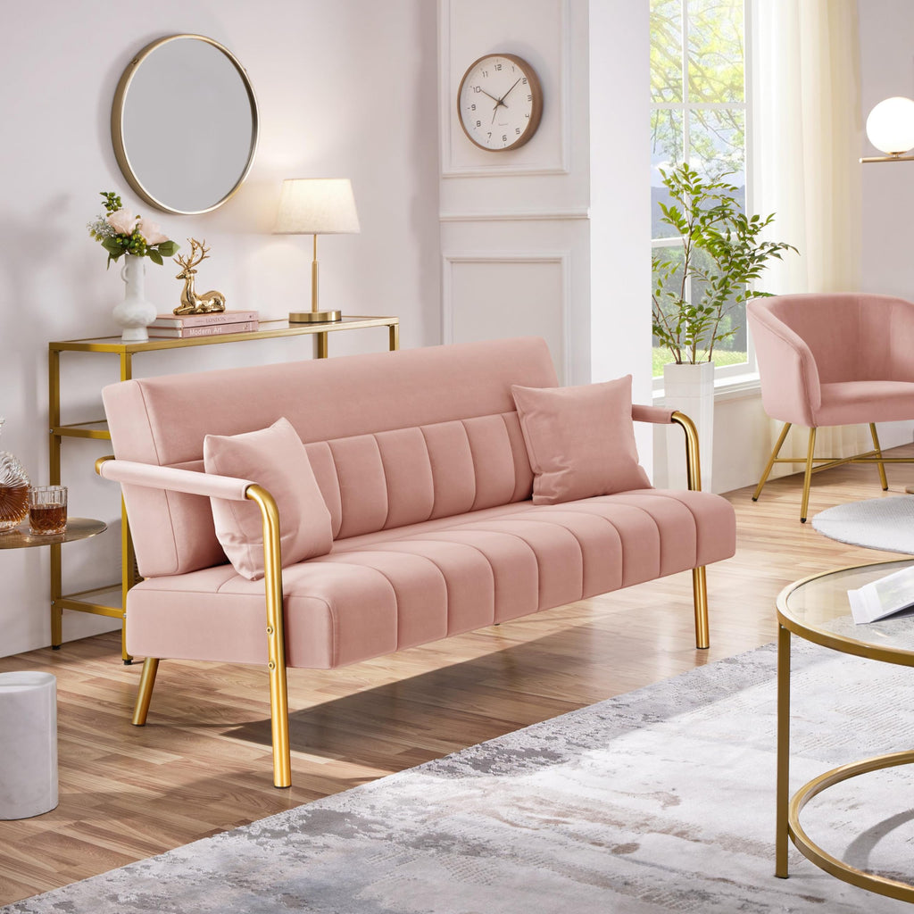 56.5" W Modern Sofa Small Sofa Luxurious Velvet Fabric Couch with Gold-Tone Metal Arms and Legs for Living Room, Home Office, Studio Pink