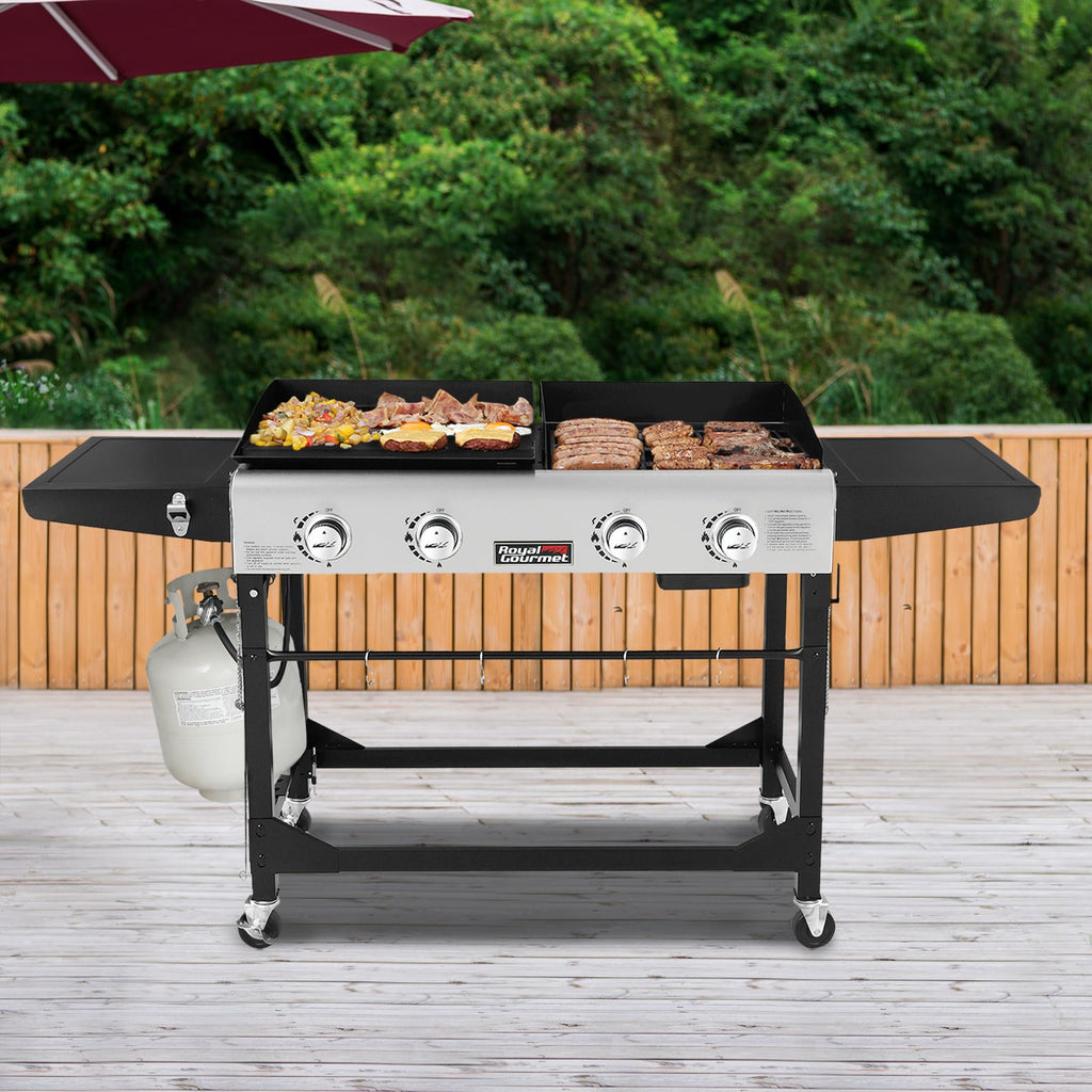 4-Burner Propane Gas Grill and Griddle Combo with Cover, Griddle Grill Combo with 48,000 BTUs Output for Outdoor Cooking While Camping or Tailgating, Black & Silver