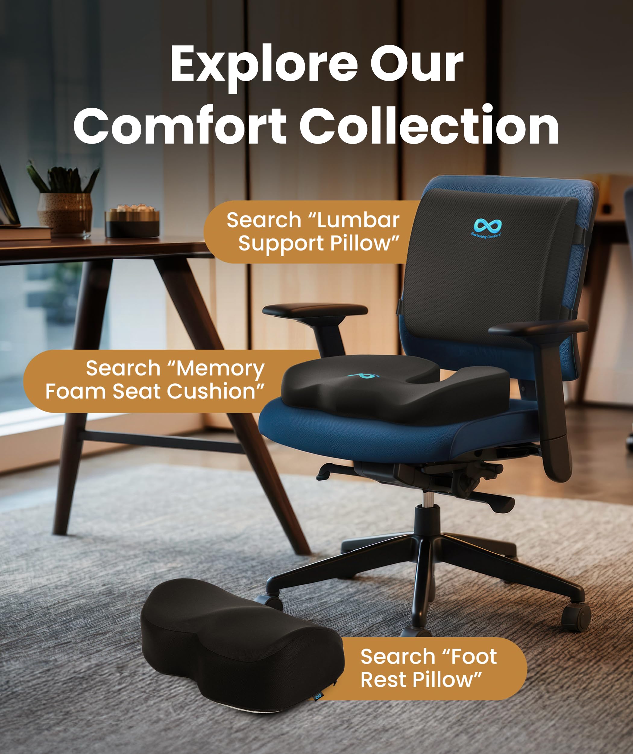 Lumbar Support Pillow for Office Chair - Memory Foam Back Cushion for Car Seat - Promotes Better Posture, Back Pain Relief - Ideal for Gaming and Desk Chairs