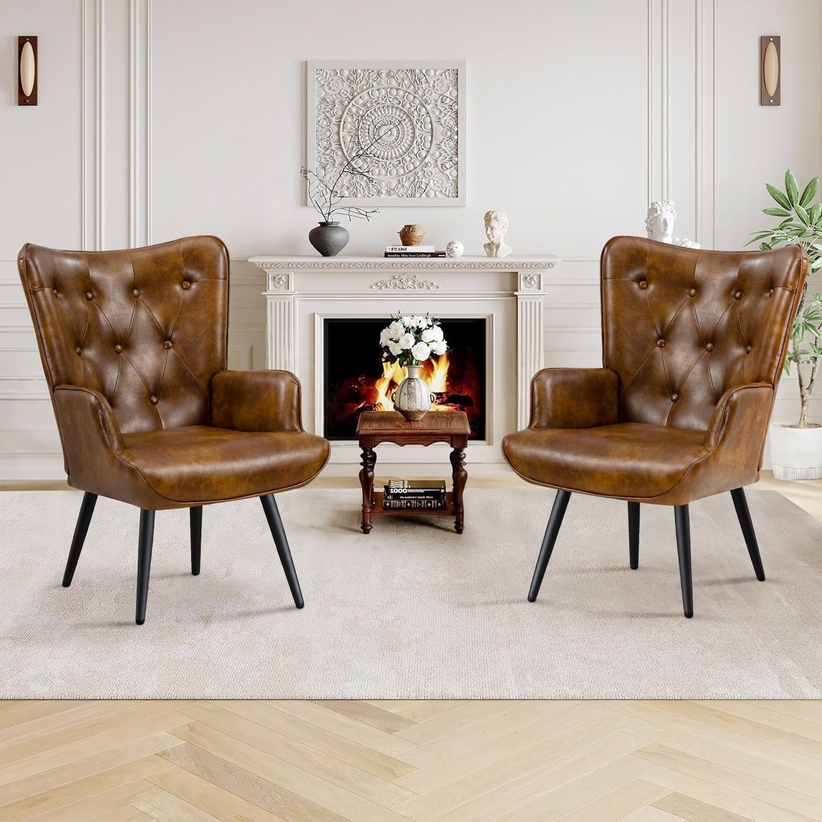 PU Leather Accent Chair for Living Room, Upholstered Reading Chair with High Backrest, Tufted-Button Wingback Armchair for Bedroom, Dressing Room, Home Office, Brown, Set of 2
