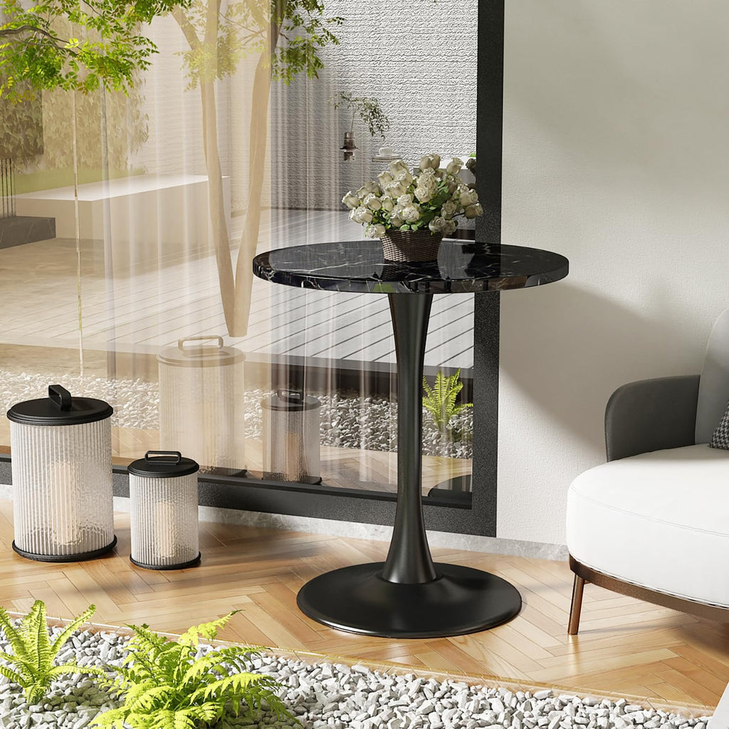 Black Marble Round Dining Table 24" Circle Tulip Table with Thickened Tabletop & Sturdy Metal Pedestal Mid Century Modern Leisure Bistro Kitchen Tables 2 People Small Places Living Room Cafe